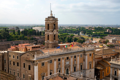 Old houses and Tower of Campidoglio, Capitoline Hill in Rome, Italy
