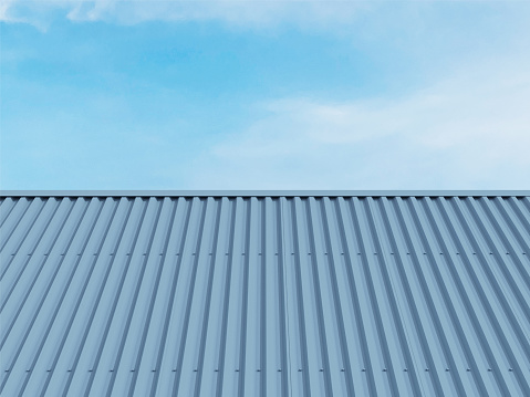 Metal sheet roof, turquoise roof on sky background.3D rendering.