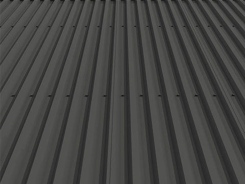 Metal sheet roof on sky background, black roof, 3D rendering.