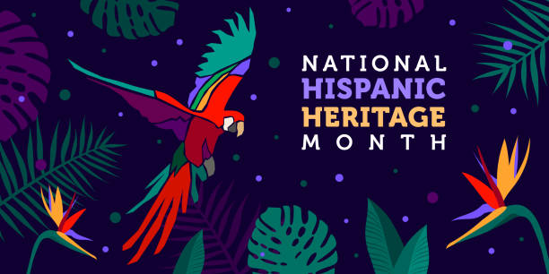 Vector web banner. Hispanic heritage month. Poster, card for social media, networks. Greeting with national Hispanic heritage month text on tropical pattern background. Multicoloured parakeet, parrot. vector art illustration