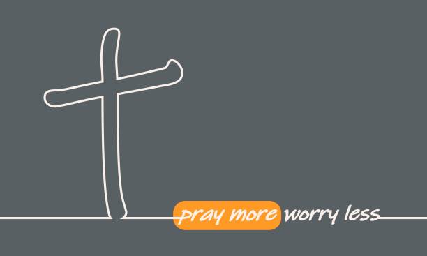 istock Christianity concept illustration. Cross and pray more worry less phrase. Thin line style 1415540420