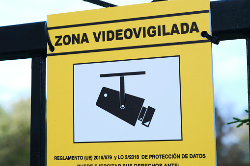 video monitored area sign. Colindres harbor, Cantabria, Spain, Europe
