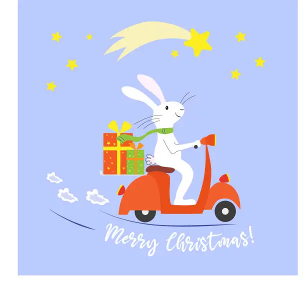 Vector illustration of Holidays trip in vespa. Fanny bunny, rabbit goes in moped with candy, lollipop, caramel, christmas sweets. Flat vector illustration, isolated objects.