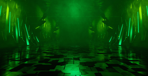 Imaginative Futuristic Technology Empty Smoke Green Alien Hangar Tunnel Futuristic Hallway Cyberpunk Abstract Background Wallpaper 3D Rendering