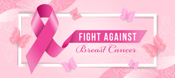 istock fight against text on pink ribbon sign and Breast cancer text in white frame with butterfly around on soft pink background with line rose texture vector Design 1415544815