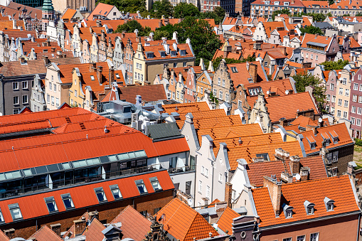Aerial view of the old town of Gdansk in summer.