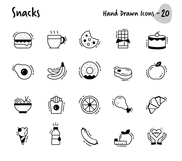 illustrations, cliparts, dessins animés et icônes de snacks icônes dessinées à la main - cookie chocolate chip chocolate chip cookie cartoon