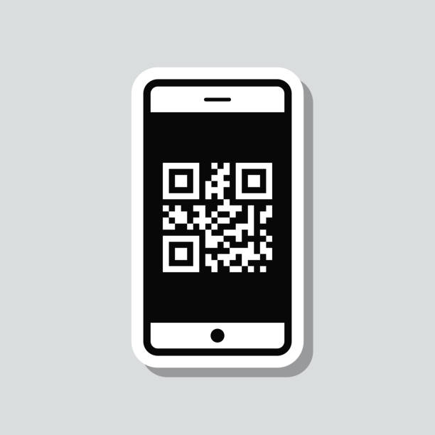Smartphone with QR code. Icon sticker on gray background Icon of "Smartphone with QR code" on a sticker with a drop shadow isolated on a blank background. Trendy illustration in a flat design style. Vector Illustration (EPS file, well layered and grouped). Easy to edit, manipulate, resize or colorize. Vector and Jpeg file of different sizes. scan barcode on phone stock illustrations