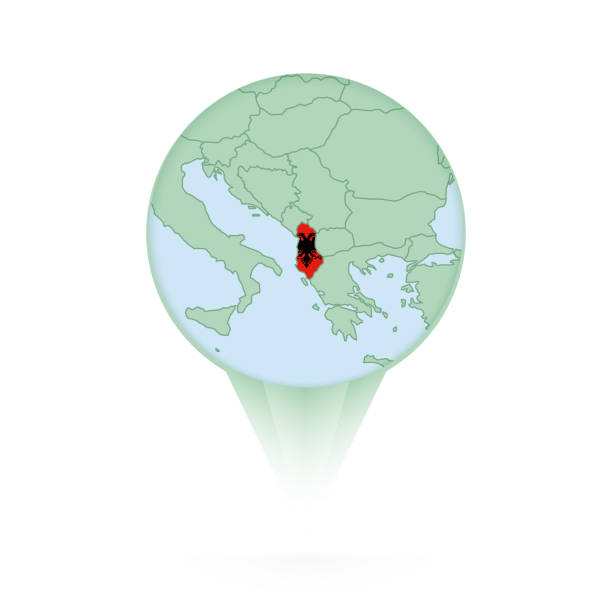 istock Albania map, stylish location icon with Albania map and flag. 1415550578