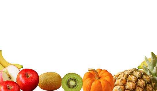 Assorted Multi-color Fresh Ripe Fruits on white backdrop