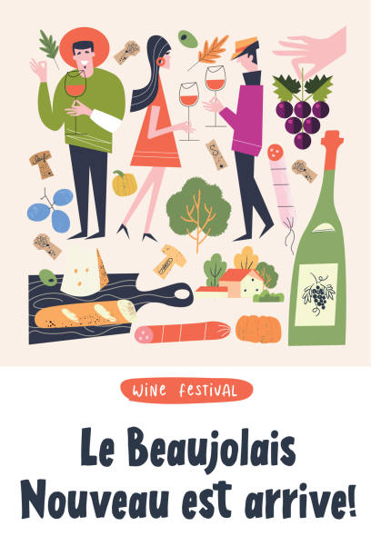 Beaujolais Nouveau Wine Festival. Vector illustration, a set of design elements for a wine festival. The inscription means Beaujolais Nouveau has arrived! People with glasses drink wine of the new harvest and celebrate. A set of vector design elements of the Beaujolais Nouveau Wine Festival. The inscription means Beaujolais Nouveau has arrived! beaujolais stock illustrations