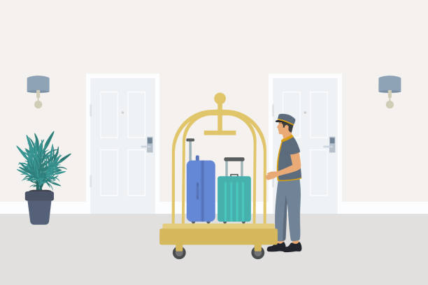 Bellboy With Luggage Trolley In Hotel Corridor Bellboy With Luggage Trolley In Hotel Corridor doorman stock illustrations