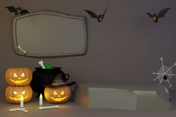 istock display product podium for social media post, helloween day celebration theme concept with monster pumpkin, bat, spider web, cauldron and witch hat 1415554777
