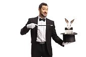 Magician performing a trick with a hat and a rabbit