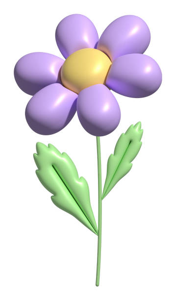 3d daisy flower in cartoon style. Cute purple chamomile with leaves. 3d rendering lilac spring illustration. Suitable for decoration of festive decor, parties, products, banners of social networks and websites