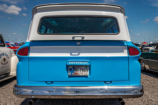 Lebanon, TN - May 13, 2022: Low perspective rear view of a 1965 Chevrolet C10 Suburban at a local car show.