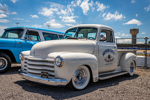 Lebanon, TN - May 13, 2022: Low perspective front corner view of a customized 1948 Chevrolet 3100 Pickup Truck at a local car show.
