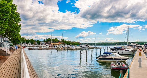 Naantali, Finland- June 21, 2022: General view of Naantali old town harbor in summer. Naantali is a oldest town in Finland, and located in the region of Southwest Finland.
