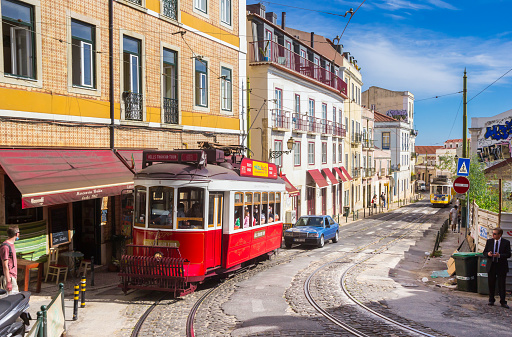 Two traditional trams going up and down the hill in Lisbon, Portugal