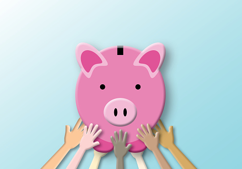 Group of people united diversity and unity partnership helping to lift the piggy bank on pastel background. Concept of team or teamwork, investment, saving money. illustration of 3d paper cut style.