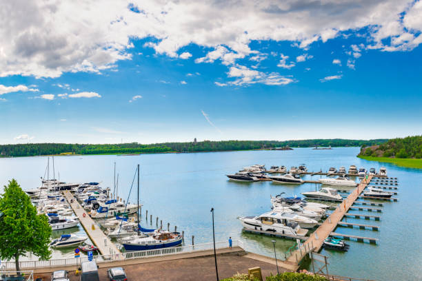 Naantali, Finland- June 21, 2022: General view of Naantali old town harbor in summer. Naantali is a oldest town in Finland, and located in the region of Southwest Finland.