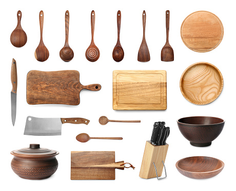 Set with different kitchenware on white background