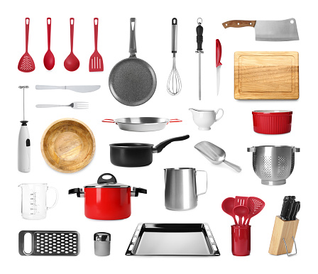 Set with different kitchenware on white background