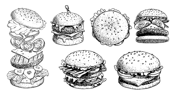 Hand drawn sketch style burgers set. Different types of fast food. Burger with flying ingredients. Vector illustrations isolated on white background.