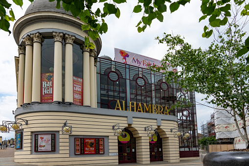 The famous Alhambra theatre in Bradford, Yorkshire, England, UK. The Alhambra Theatre is a theatre in Bradford, West Yorkshire, England, named after the Alhambra palace in Granada, Spain. It is on Morley Street, Bradford.