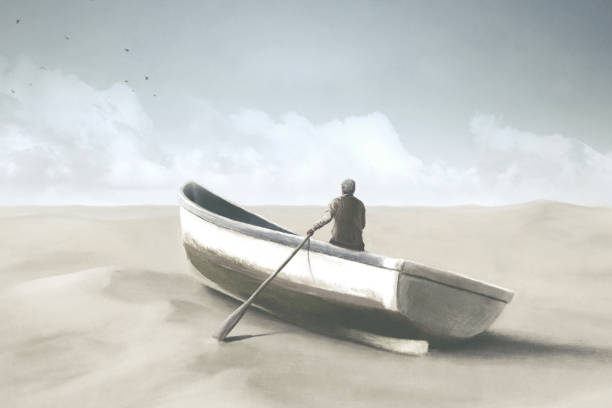 ilustrações de stock, clip art, desenhos animados e ícones de illustration of man on a canoe navigating in the desert, mirage surreal abstract concept - oasis of the seas