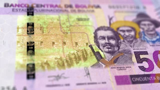 Banknotes of the Bolivia 50 Boliviano Observe and Reserve Side Close up of a Tracking Dolly Shot 50 Bolivian Notes Current 50 Bolivian Bolivianos Banknotes 4k Resolution stock video - Bolivia Money Currency Background Financial Inflation