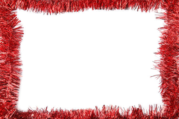 istock Frame of shiny red tinsel on white background, top view. Space for text 1415561180