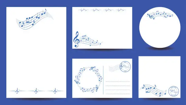 Vector illustration of set of templates for music events - blue musical notes on white backgrounds
