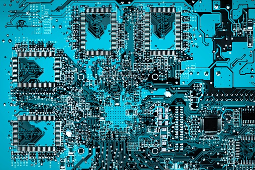 blue printed circuit board, top view