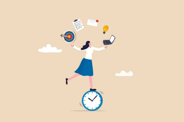 생산적인 여성, 멀티 태스킹 또는 시간 관리 전문가, 생산성 또는 기업가 정신, 업무 효율성 또는 일정 구성, 생산적인 사업가 여성 균형 시계 관리 작업. - deadline personal organizer busy clock stock illustrations