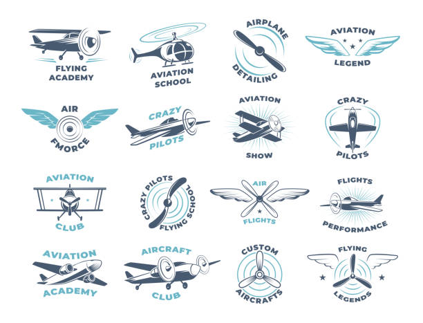flieger. flugzeuge flügel und propeller stilisierte abzeichen mit platz für text exakte vektor business logos sammlung - propellerflugzeug stock-grafiken, -clipart, -cartoons und -symbole