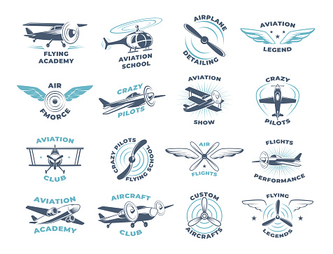 Aviators. Airplanes wings and propellers stylized badges with place for text exact vector business logotypes collection. Illustration of aviation and propeller logo