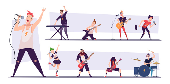 Rock musicians. Entertainment artists in fashioned costumes with instruments guitar drum vocal microphone exact vector cartoon people. Illustration of entertainment musician concert