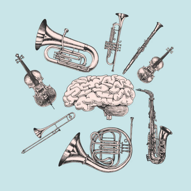 ilustrações de stock, clip art, desenhos animados e ícones de music and brain in vintage style. jazz musical trombone trumpet flute french horn saxophone. hand drawn sketch for tattoo or t-shirt or woodcut. vintage vector illustration for blues poster or banner. - brass instrument