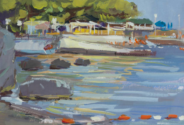 istock Beach sea summer people gouache painting. 1415564419