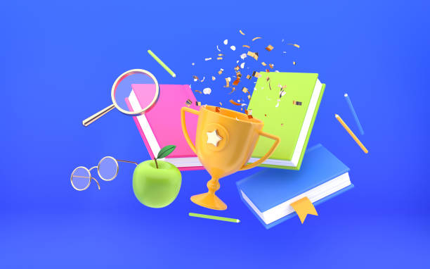 istock Education items trophy award with falling confetti and books with magnifying glass on blue background. 3d rendering 1415564703