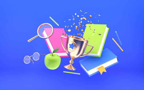 istock Education items golden trophy award with falling confetti and books with magnifying glass on blue background. 3d rendering 1415564721