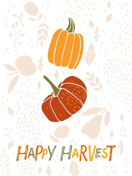 illustrazioni stock, clip art, cartoni animati e icone di tendenza di happy harvest ha disegnato scritte con zucche sullo sfondo del raccolto. frutta e verdura autunnale. vector fall, autunno, thanksgiving elemento di design per poster, banner, cartolina, badge, t-shirt, stampa - thanksgiving plum autumn apple