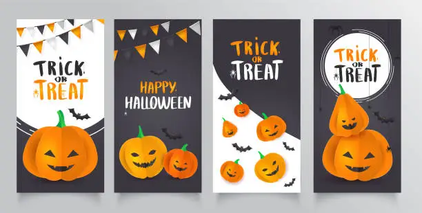 Vector illustration of Collection Template flyer with 3D paper pumpkins with Halloween faces.