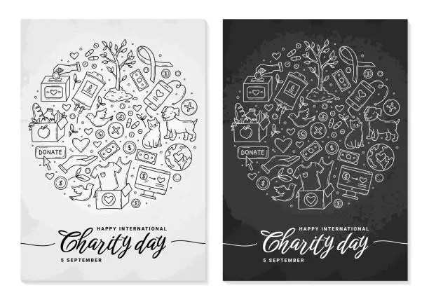 Vector illustration of International Day of Charity and donations vector doodle poster or cards