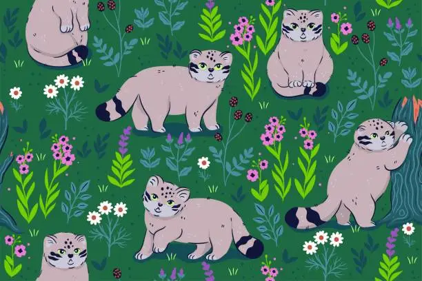 Vector illustration of Seamless pattern with cute manul cats and flowers. Vector graphics.