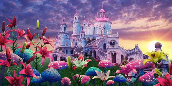 Floral summer fantastic landscape with   lilies flowers  and mushrooms . Beautiful old castle. Dreamy gentle wonder air artistic image. Summer template, artistic image, free space