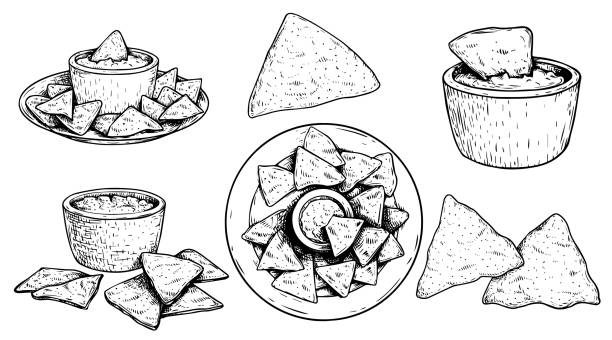 stockillustraties, clipart, cartoons en iconen met nachos sketch style set. single, group on plate and with sauce nachos. top view. traditional mexican food collection. hand drawn. retro style. vector illustration for menu designs. isolated on white background. - bistrosetje van boven