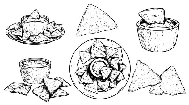 Nachos sketch style set. Single, group on plate and with sauce nachos. Top view. Traditional mexican food collection. Hand drawn. Retro style. Vector illustration for menu designs. Isolated on white background. Nachos sketch style set. Single, group on plate and with sauce nachos. Top view. Traditional mexican food collection. Hand drawn. Retro style. Vector illustration for menu designs. Isolated on white background. nacho chip stock illustrations