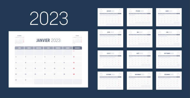 2023 monthly French calendar Year 2023 monthly calendar, in French language. Vector template. french language stock illustrations